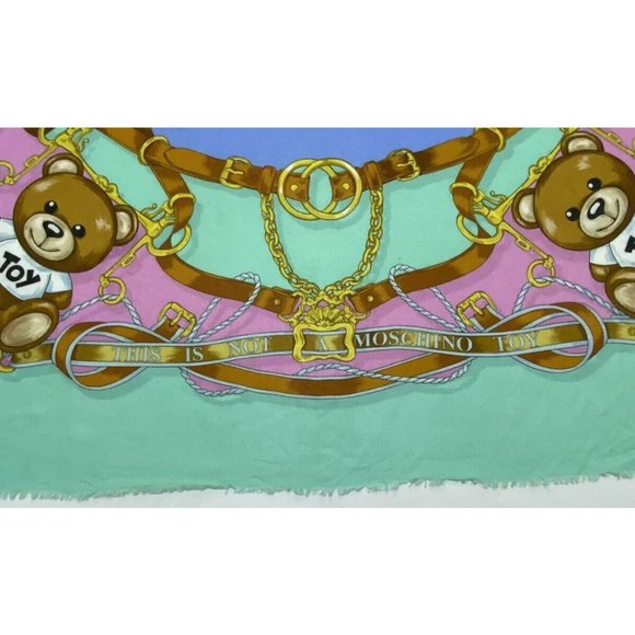 MOSCHINO Green Bear silk Scarf ITALY 52”/ 50" EC - Picture 4 of 6